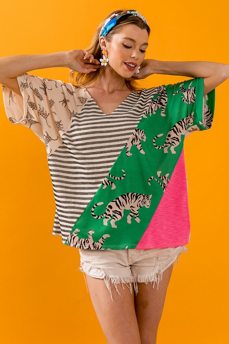 BiBi Tiger W Stripe Contrast Color Block V Neck Top DAME BOHEME