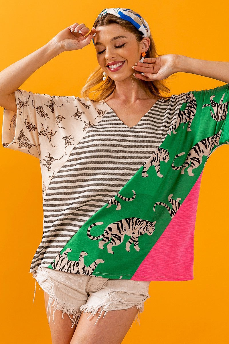 BiBi Tiger W Stripe Contrast Color Block V Neck Top DAME BOHEME