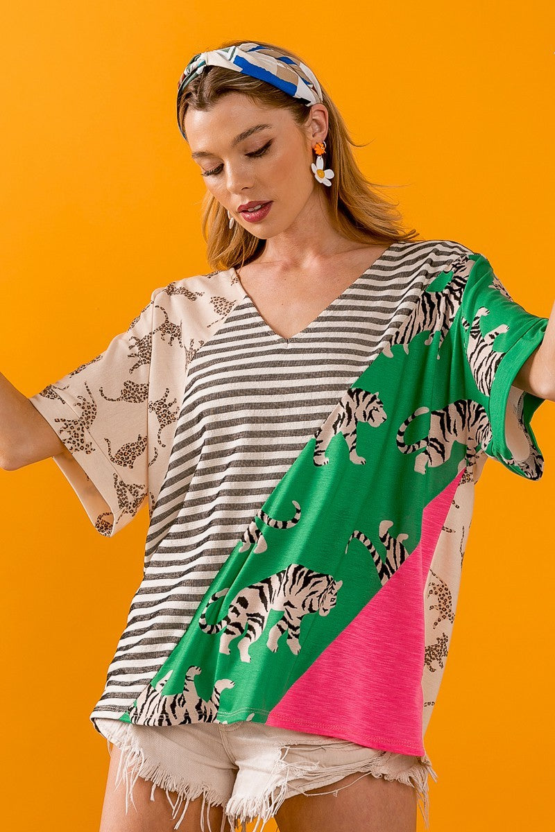BiBi Tiger W Stripe Contrast Color Block V Neck Top DAME BOHEME