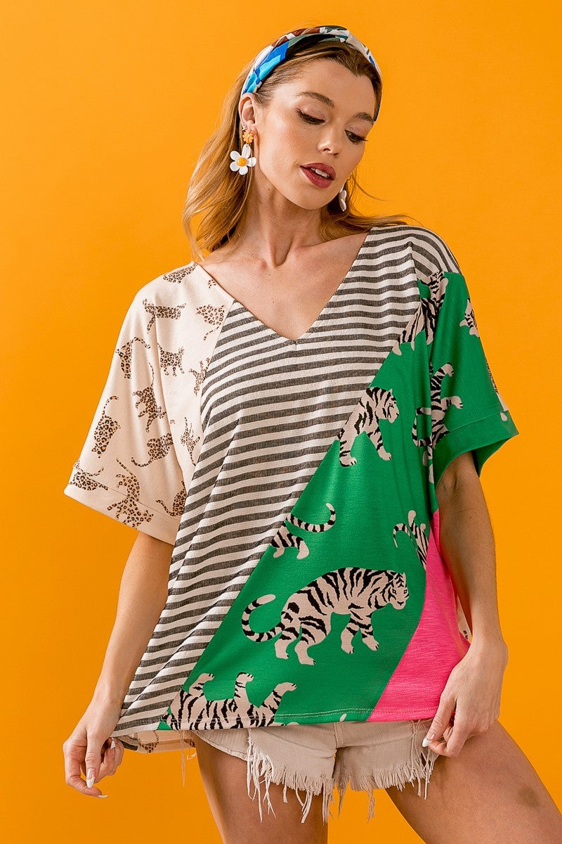 BiBi Tiger W Stripe Contrast Color Block V Neck Top DAME BOHEME