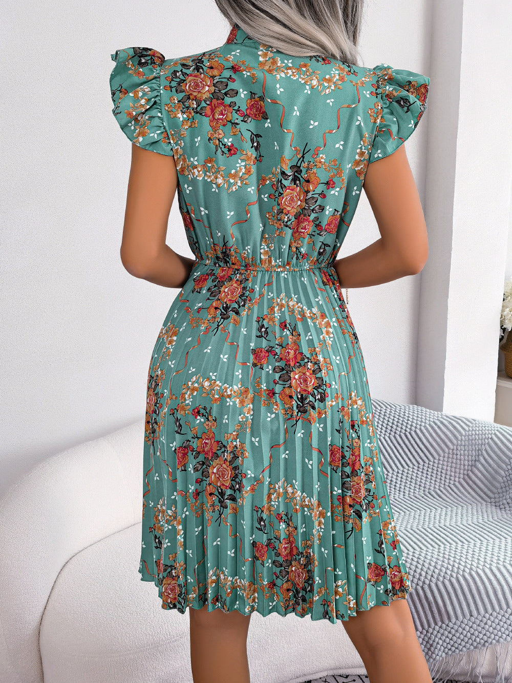 Pleated Floral Printed Tie Neck Knee Length Dress DAME BOHEME