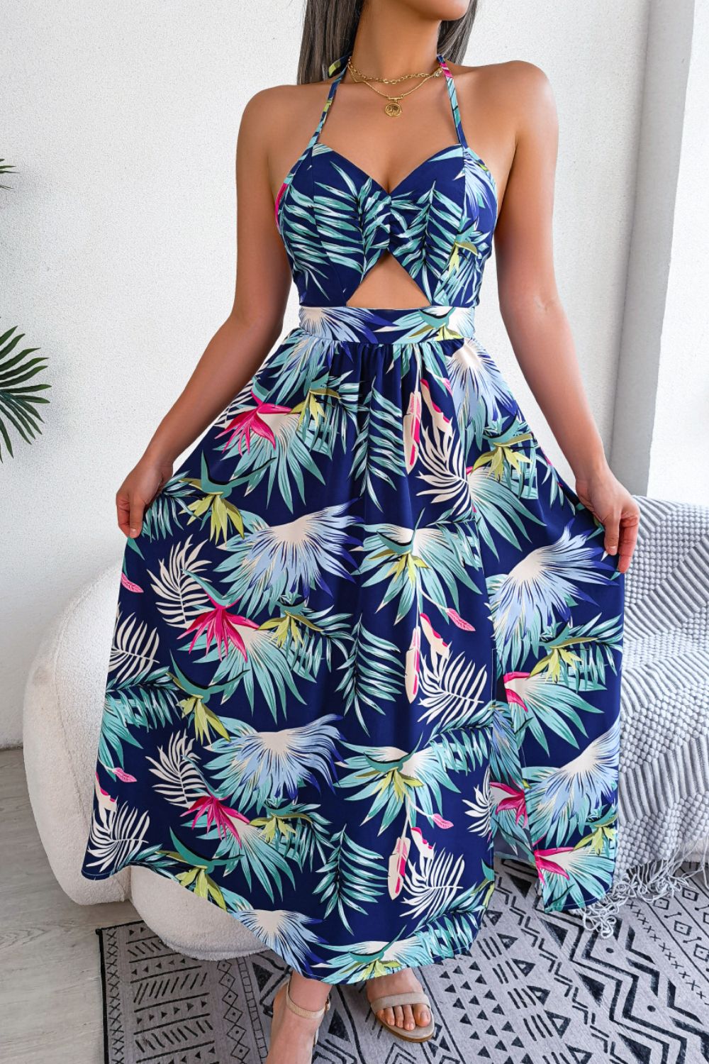 Botanical Print Tied Backless Cutout Slit Maxi Dress Trendsi