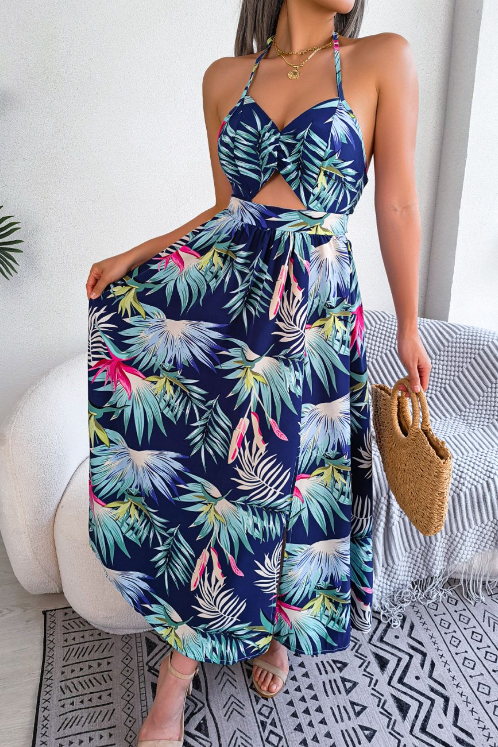 Botanical Print Tied Backless Cutout Slit Maxi Dress Trendsi