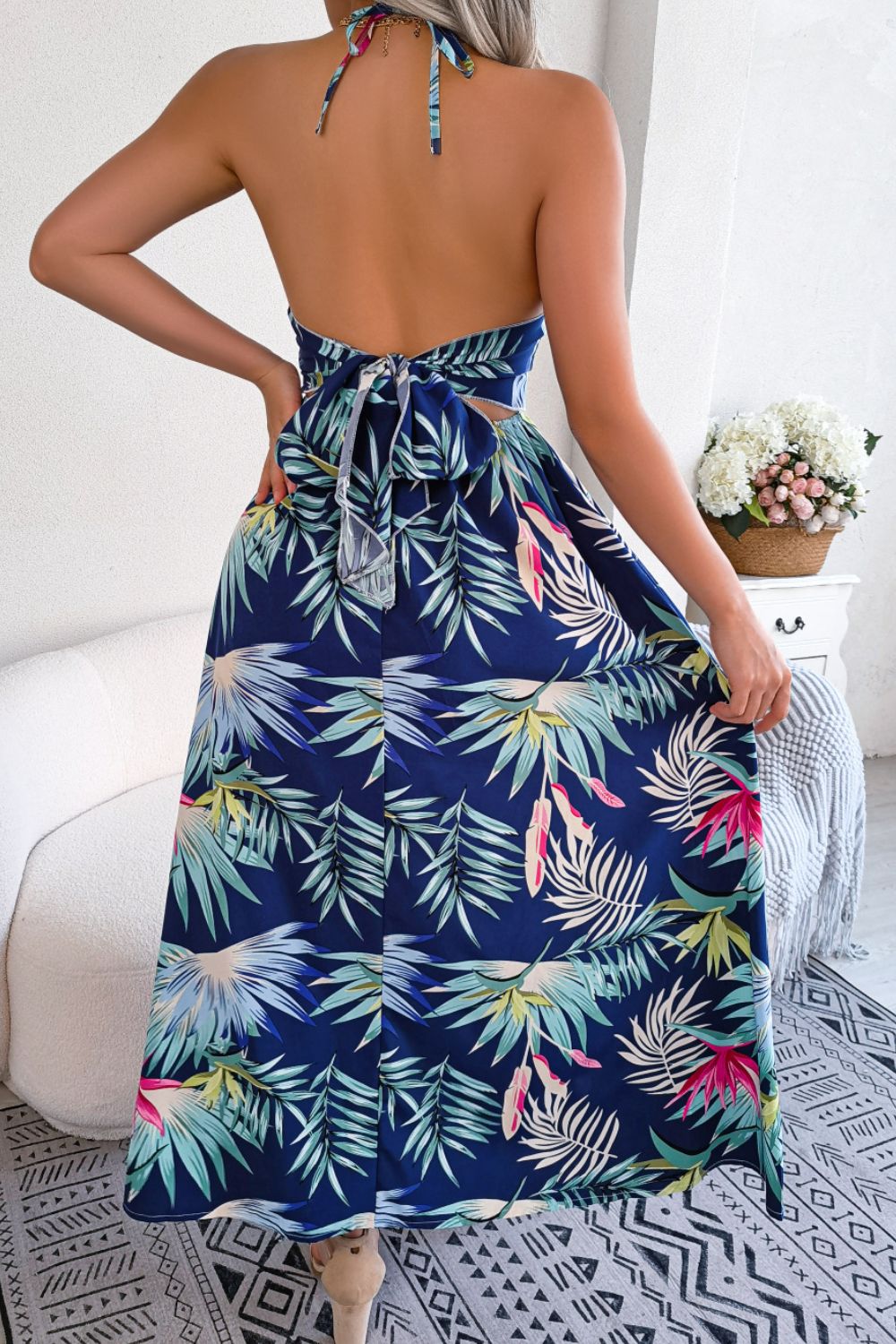 Botanical Print Tied Backless Cutout Slit Maxi Dress Trendsi