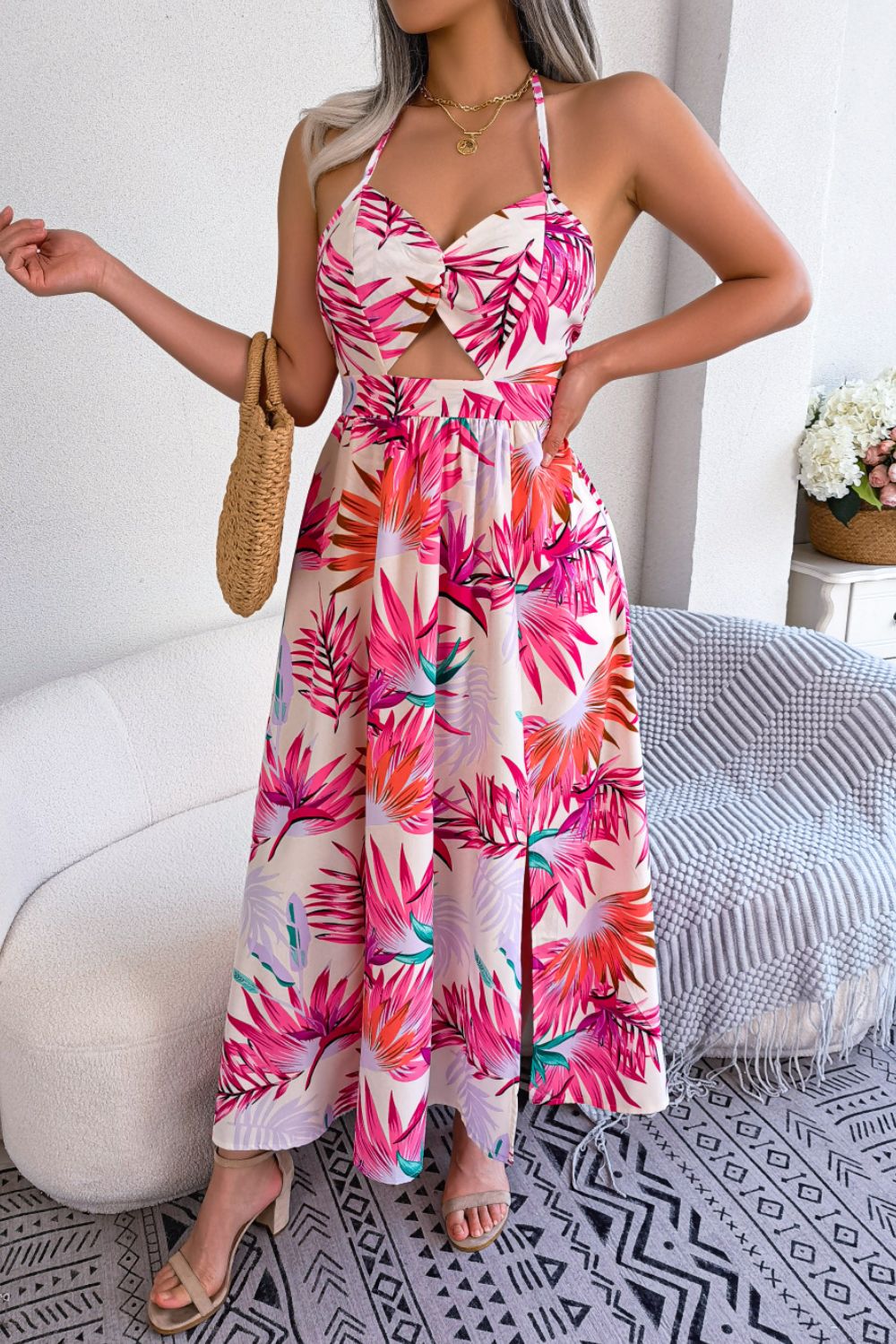 Botanical Print Tied Backless Cutout Slit Maxi Dress Trendsi
