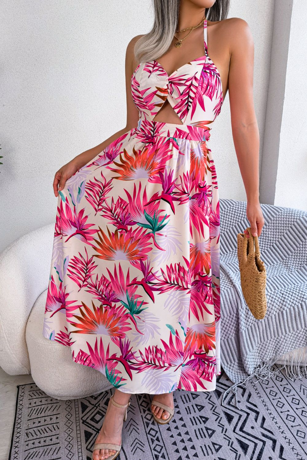 Botanical Print Tied Backless Cutout Slit Maxi Dress Trendsi
