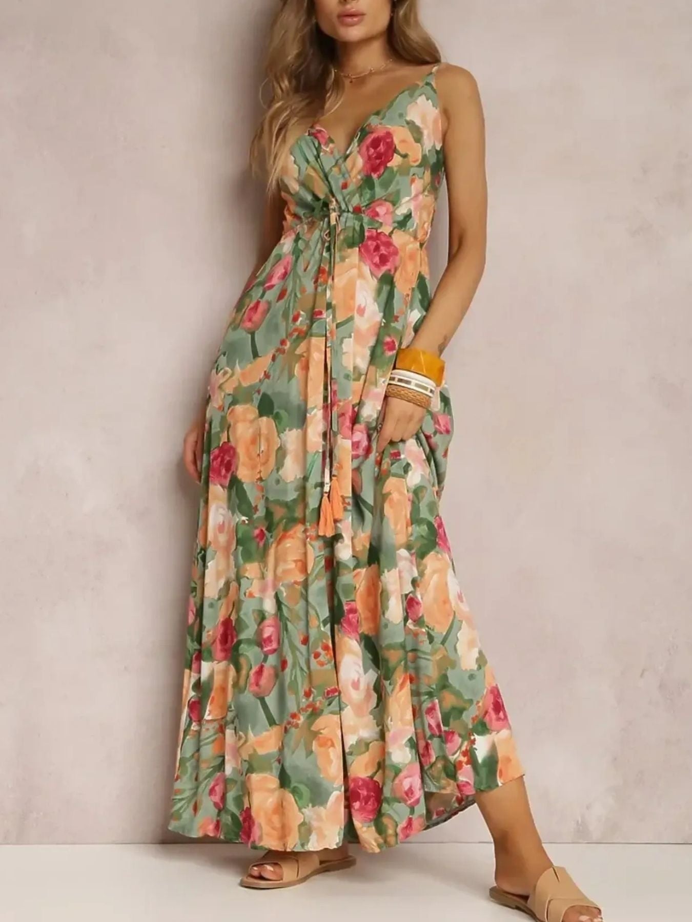 Floral Print Surplice Spaghetti Strap Maxi Dress Trendsi