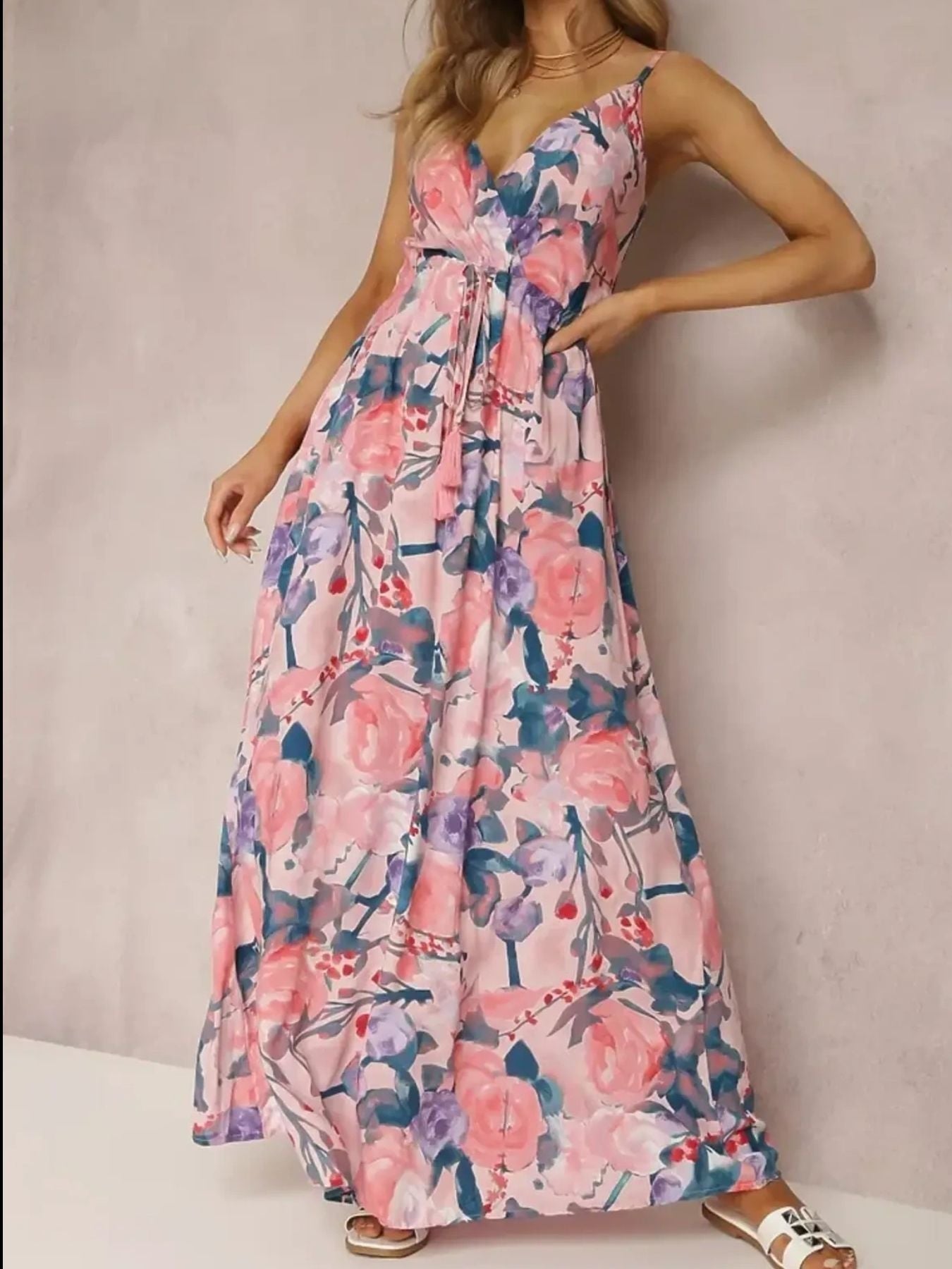 Floral Print Surplice Spaghetti Strap Maxi Dress Trendsi