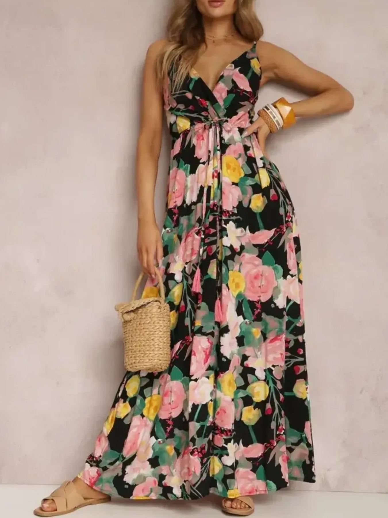 Floral Print Surplice Spaghetti Strap Maxi Dress Trendsi