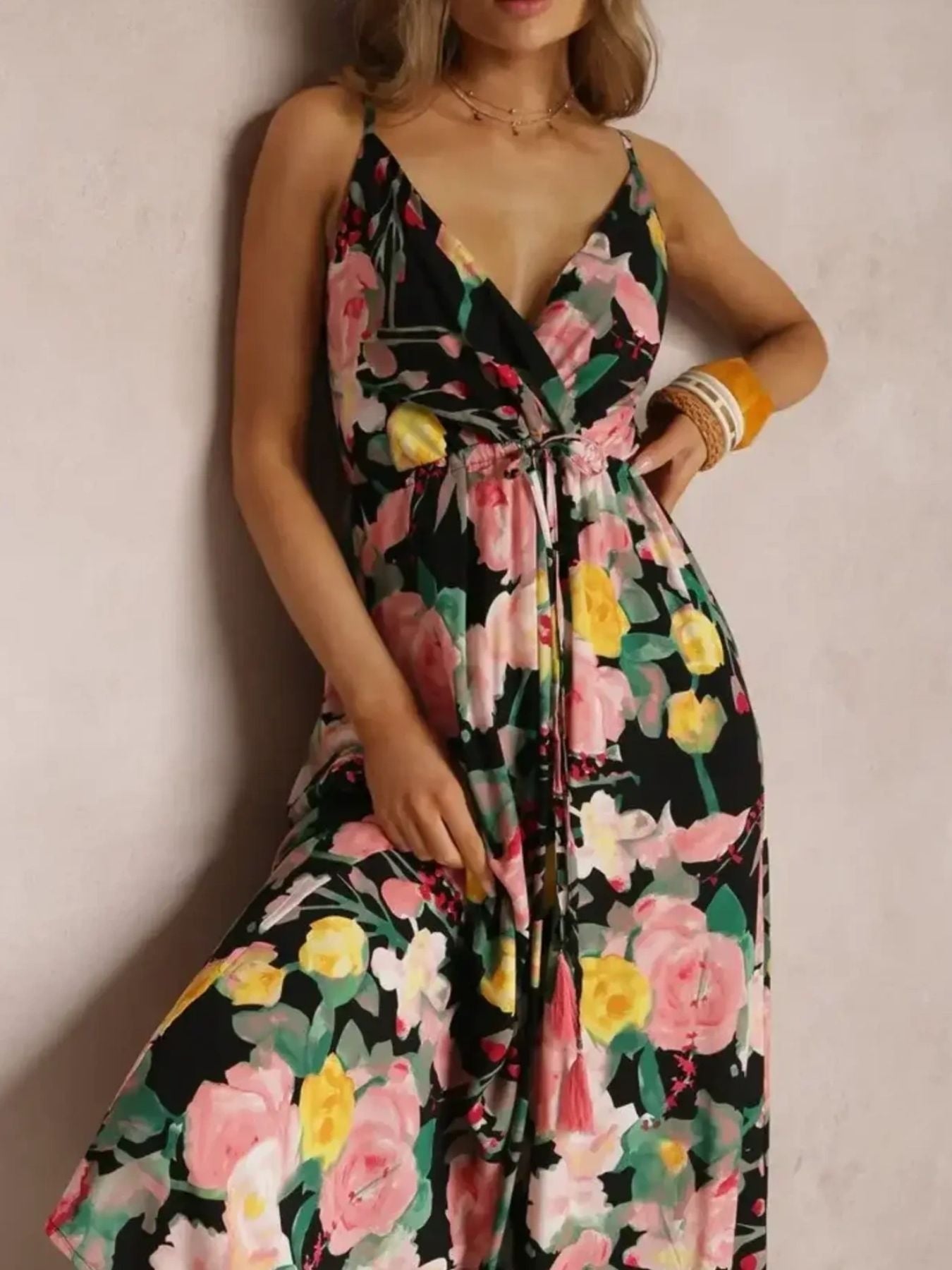 Floral Print Surplice Spaghetti Strap Maxi Dress Trendsi