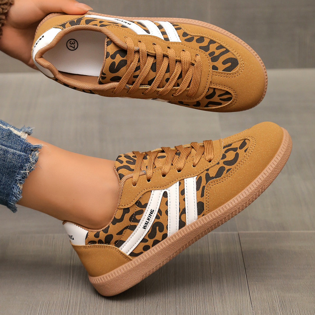 Leopard Round Toe Lace Up Sneakers DAME BOHEME