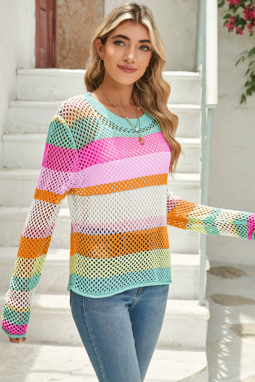 Colorblock Striped Hollow Knitted Top SHEWIN INC.