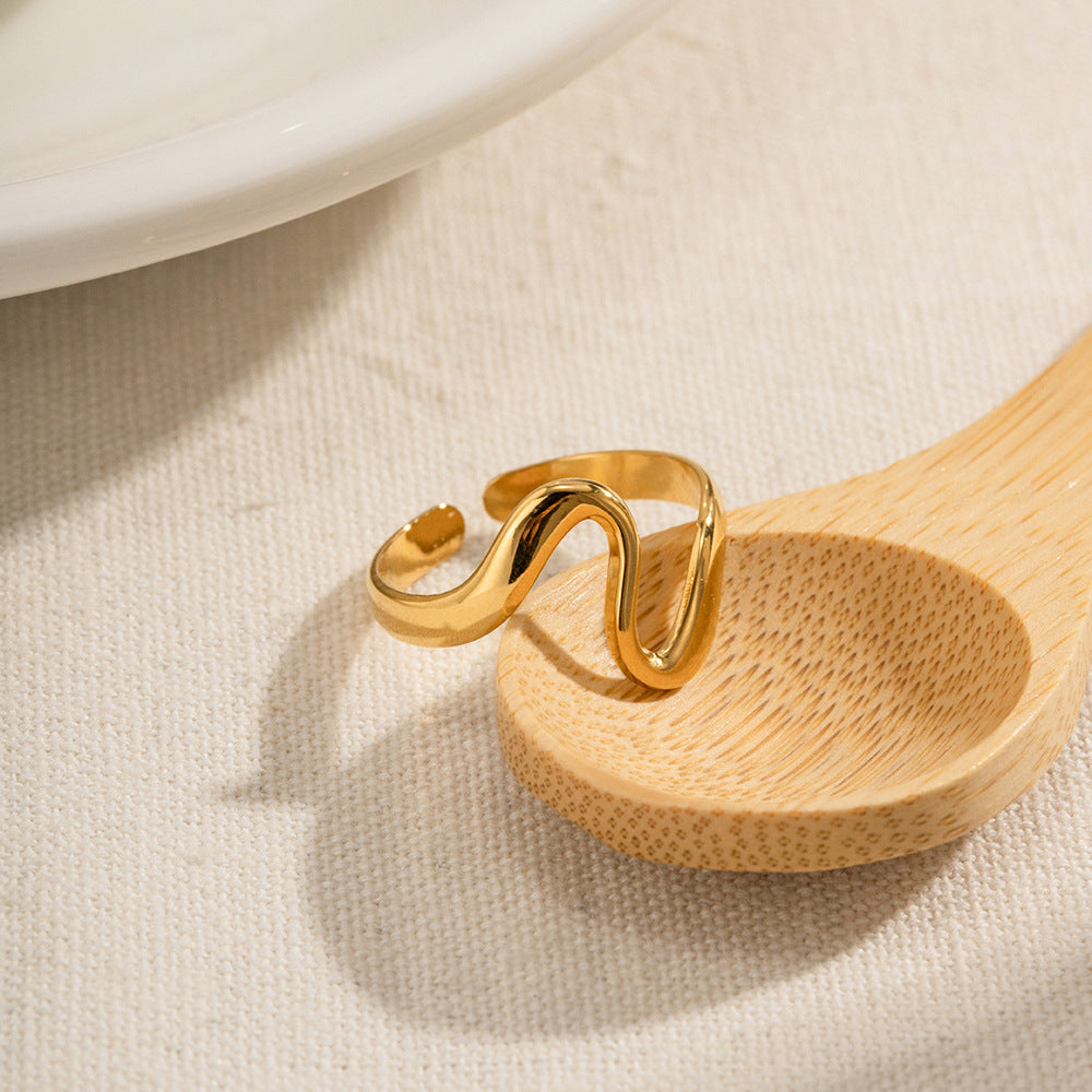Abstract Wavy Stainless Steel Asymmetrical Ring