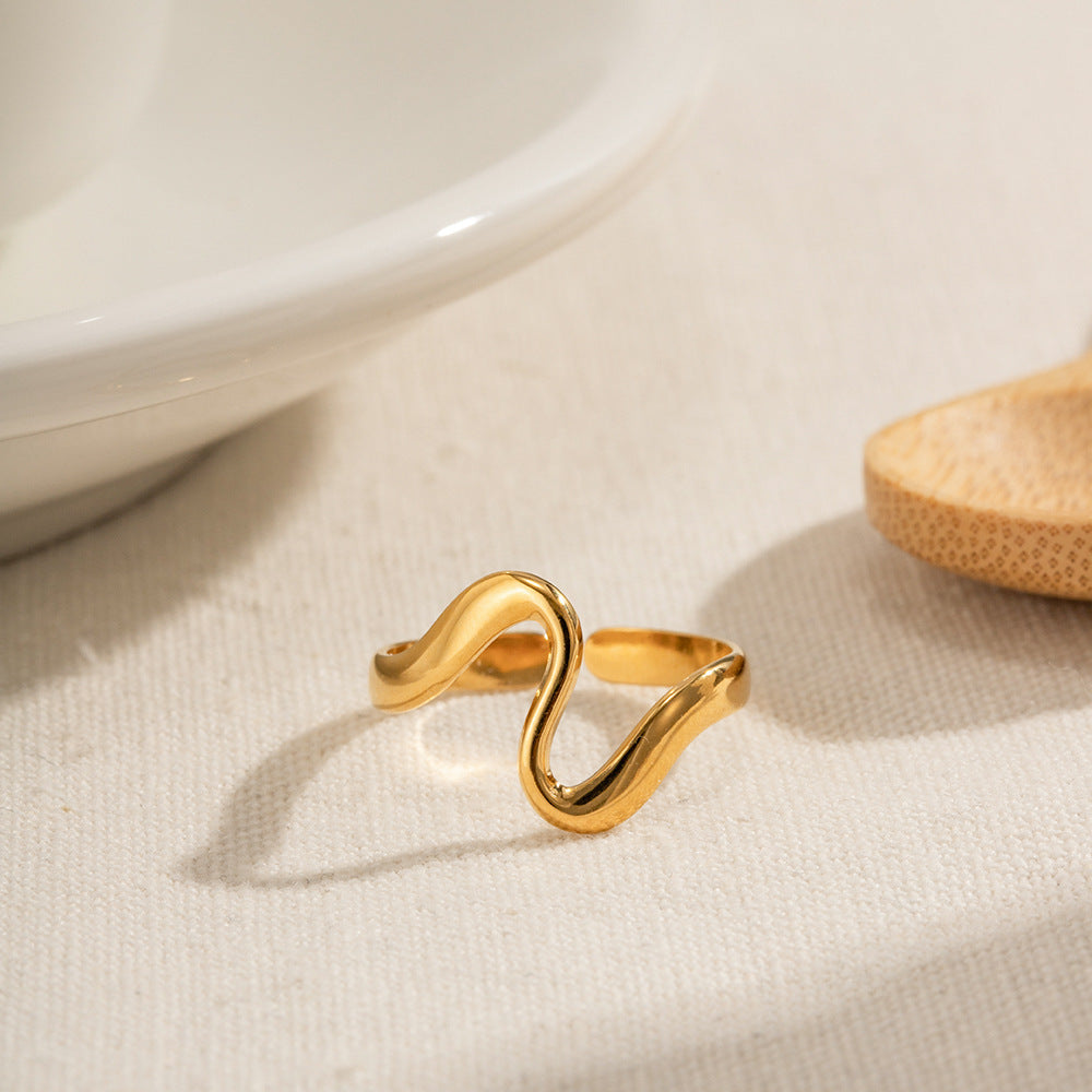 Abstract Wavy Stainless Steel Asymmetrical Ring