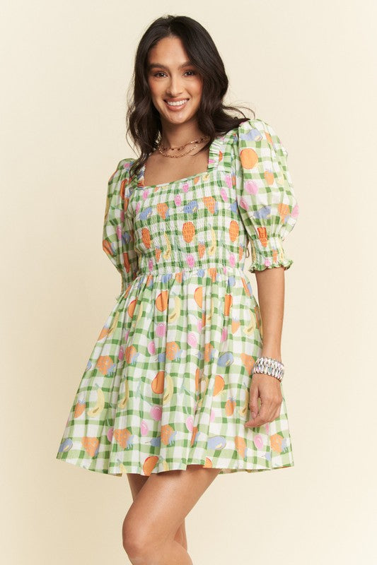 Davi & Dani Fruits Printed Smocking Mini Dress