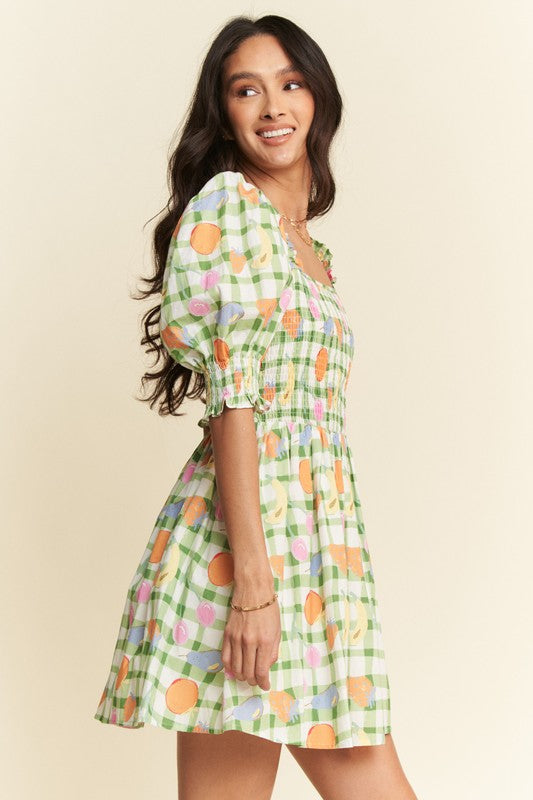 Davi & Dani Fruits Printed Smocking Mini Dress