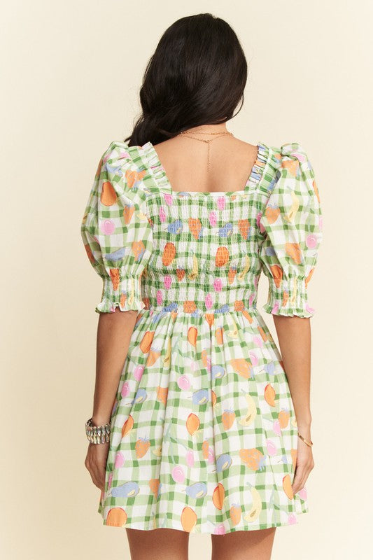 Davi & Dani Fruits Printed Smocking Mini Dress