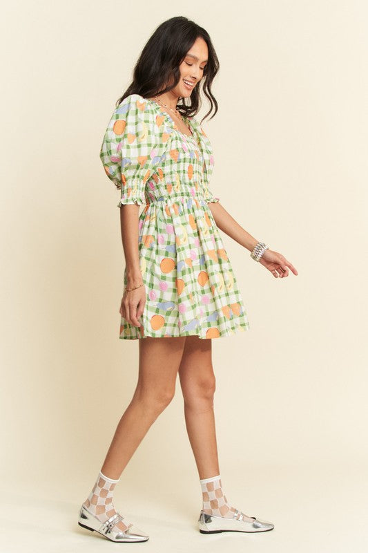 Davi & Dani Fruits Printed Smocking Mini Dress
