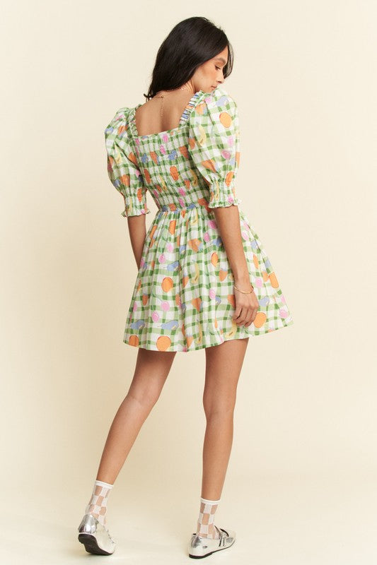 Davi & Dani Fruits Printed Smocking Mini Dress