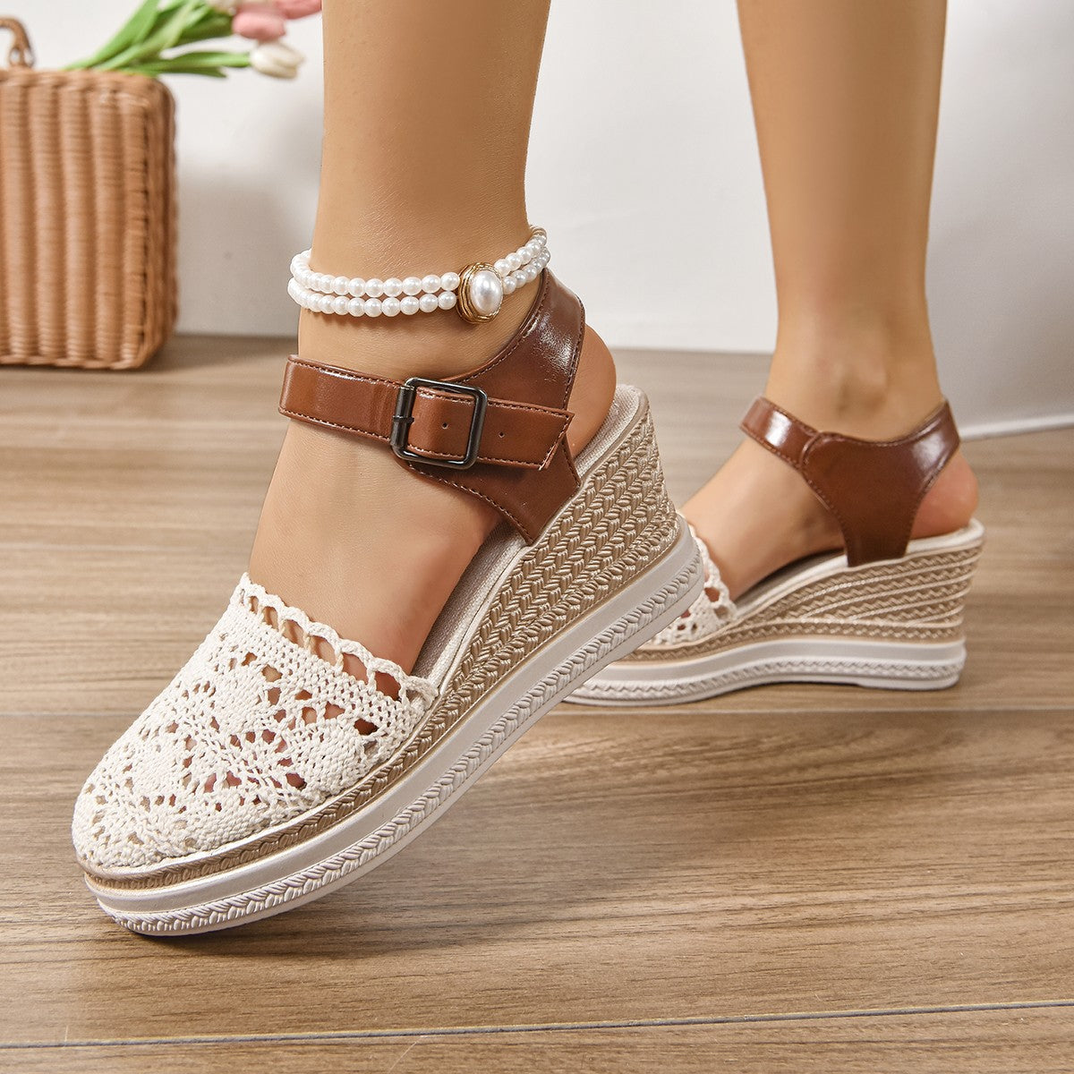 Round Toe Crochet Wedge Sandals Trendsi