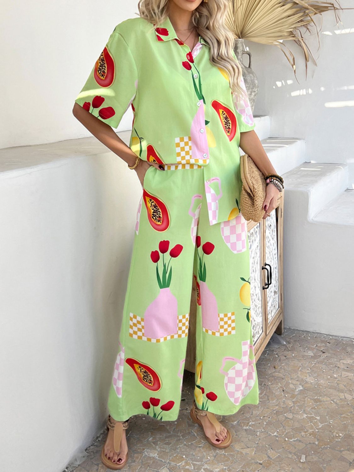 Devine Printed Collared Neck Half Sleeve Top and Pants Set Trendsi
