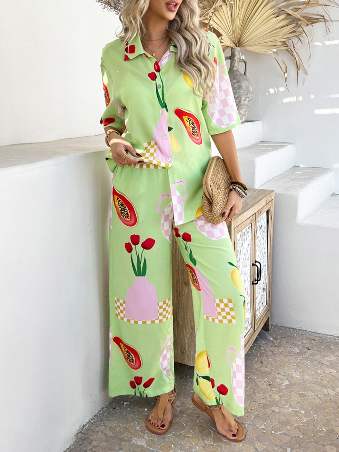 Devine Printed Collared Neck Half Sleeve Top and Pants Set Trendsi