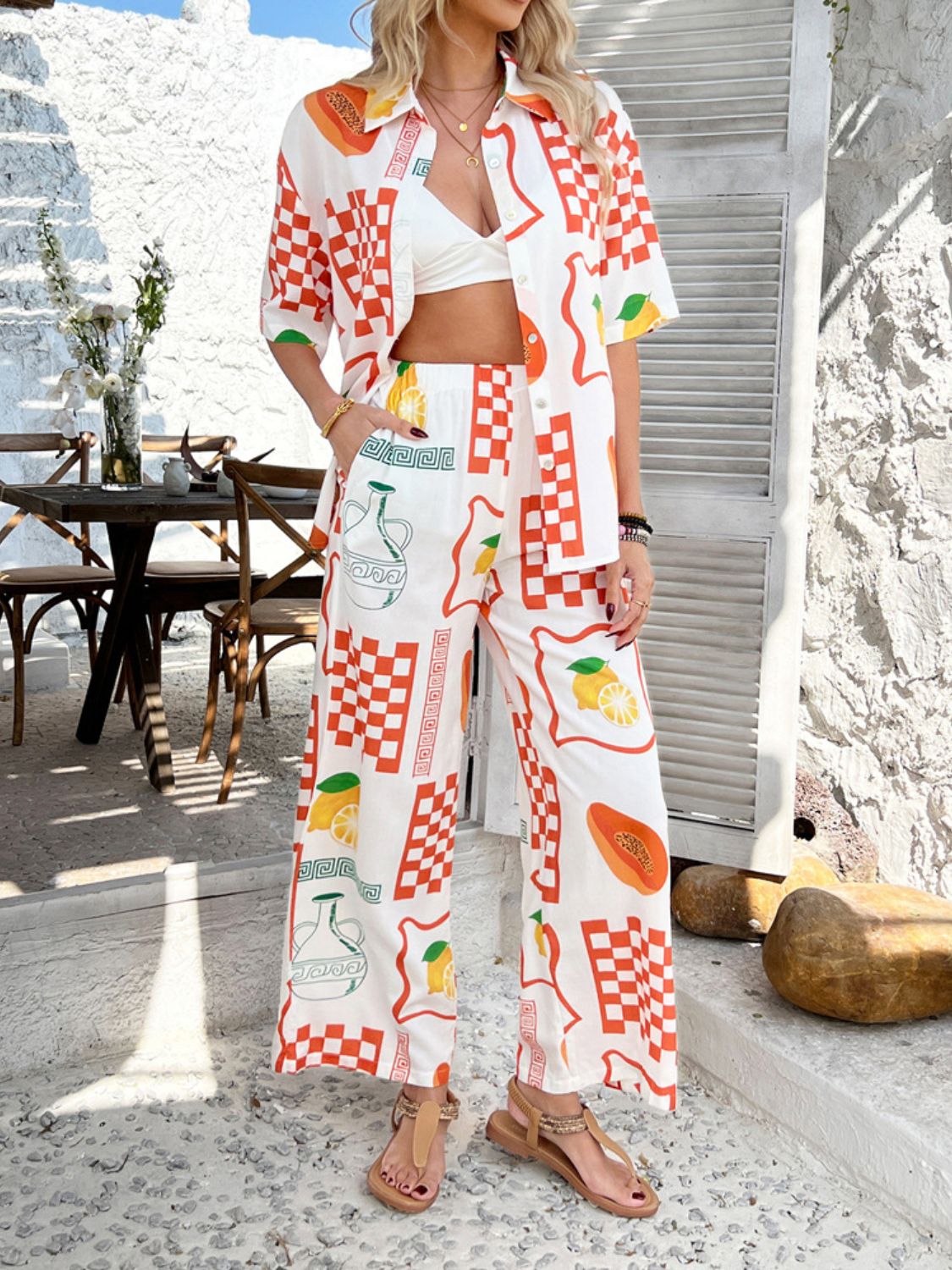 Devine Printed Collared Neck Half Sleeve Top and Pants Set Trendsi