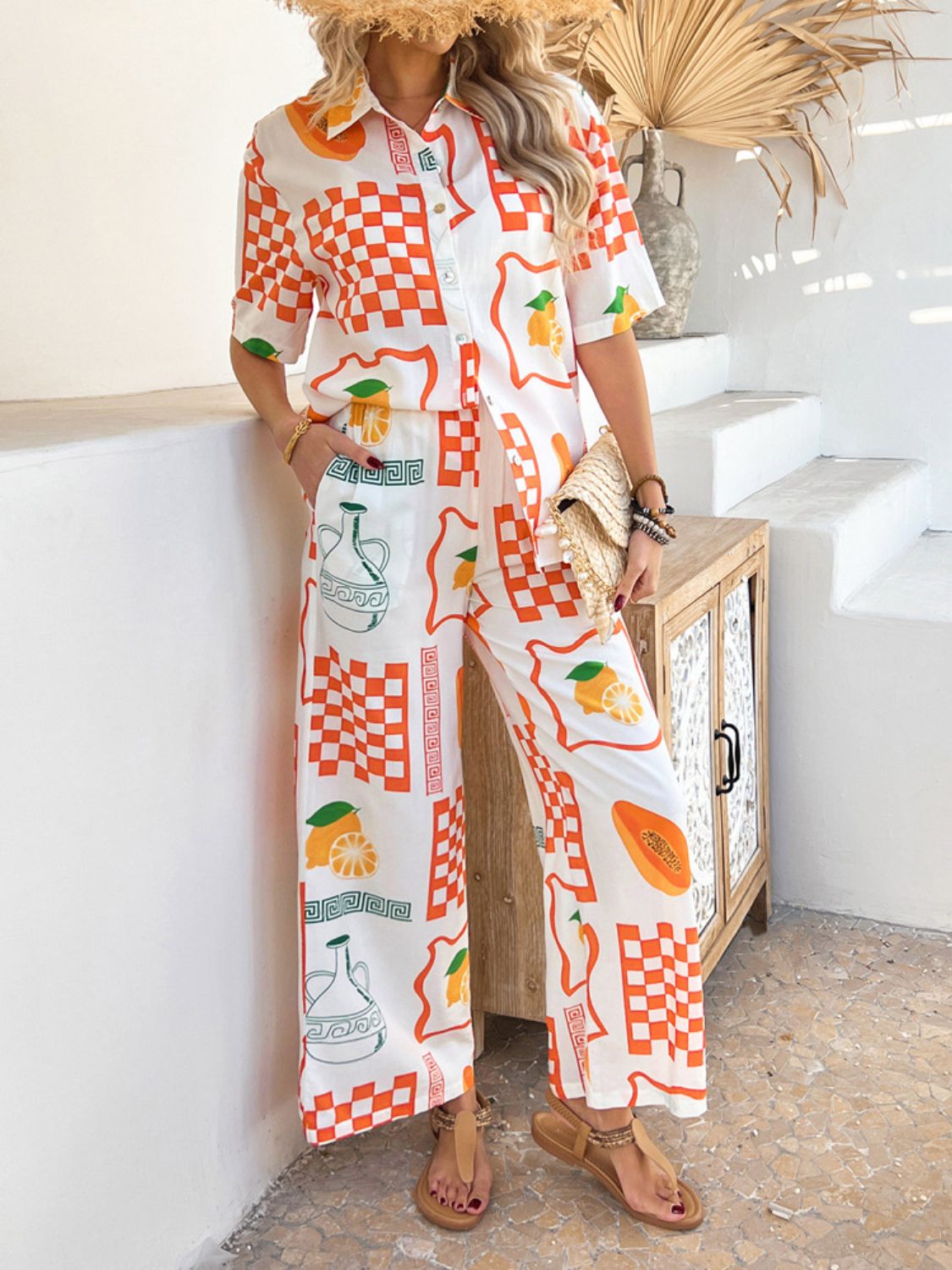 Devine Printed Collared Neck Half Sleeve Top and Pants Set Trendsi