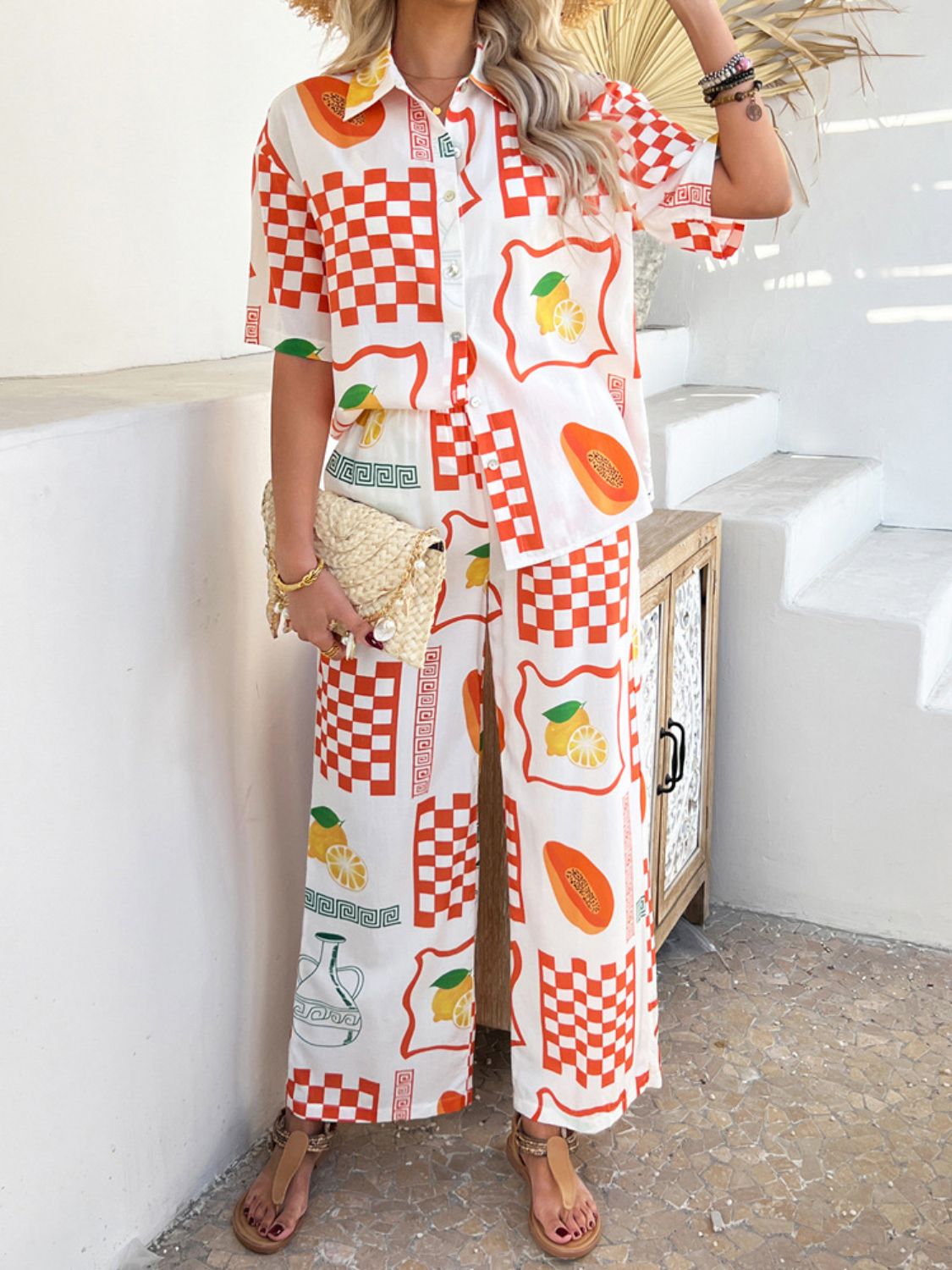 Devine Printed Collared Neck Half Sleeve Top and Pants Set Trendsi