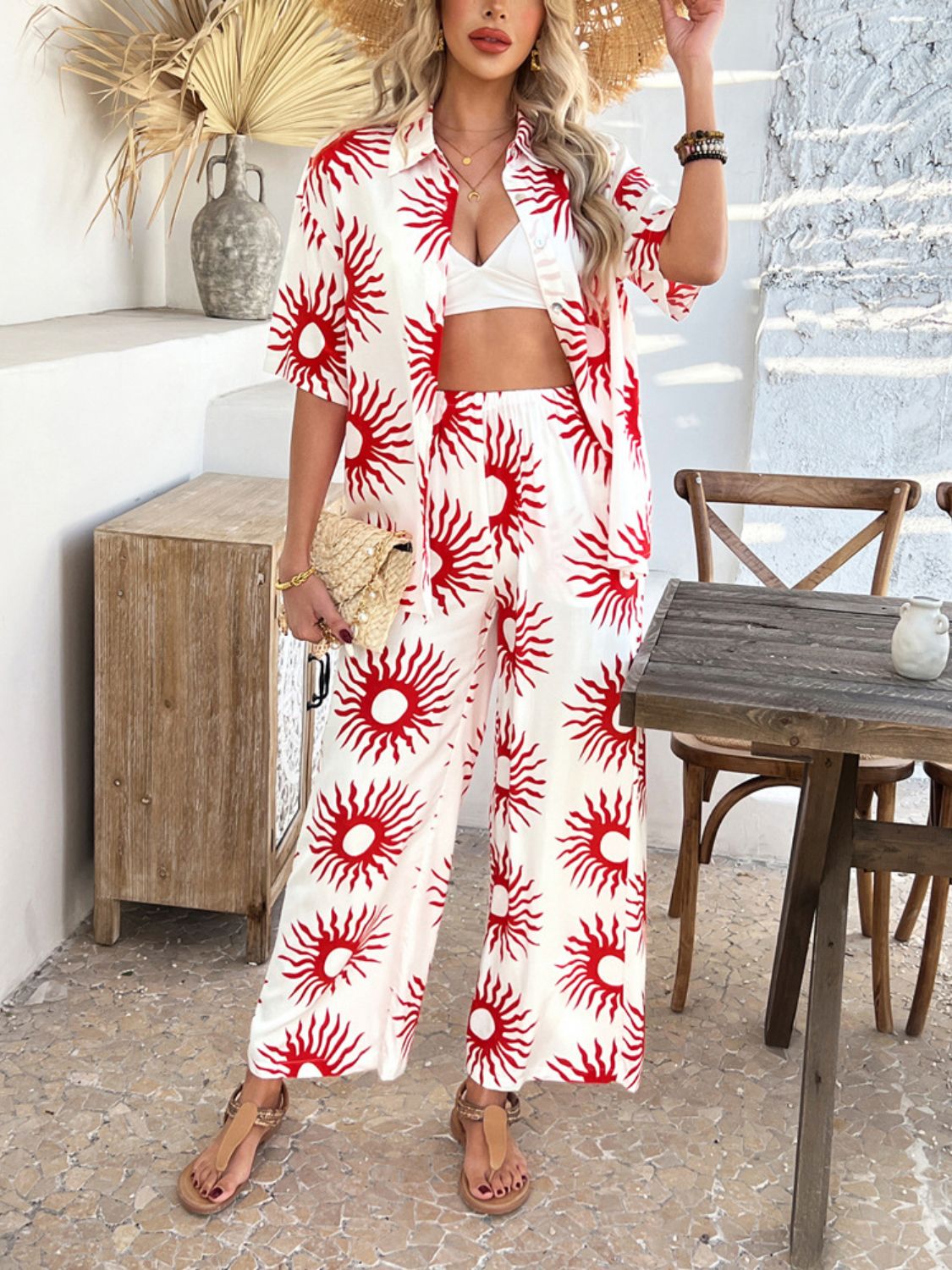 Devine Printed Collared Neck Half Sleeve Top and Pants Set Trendsi