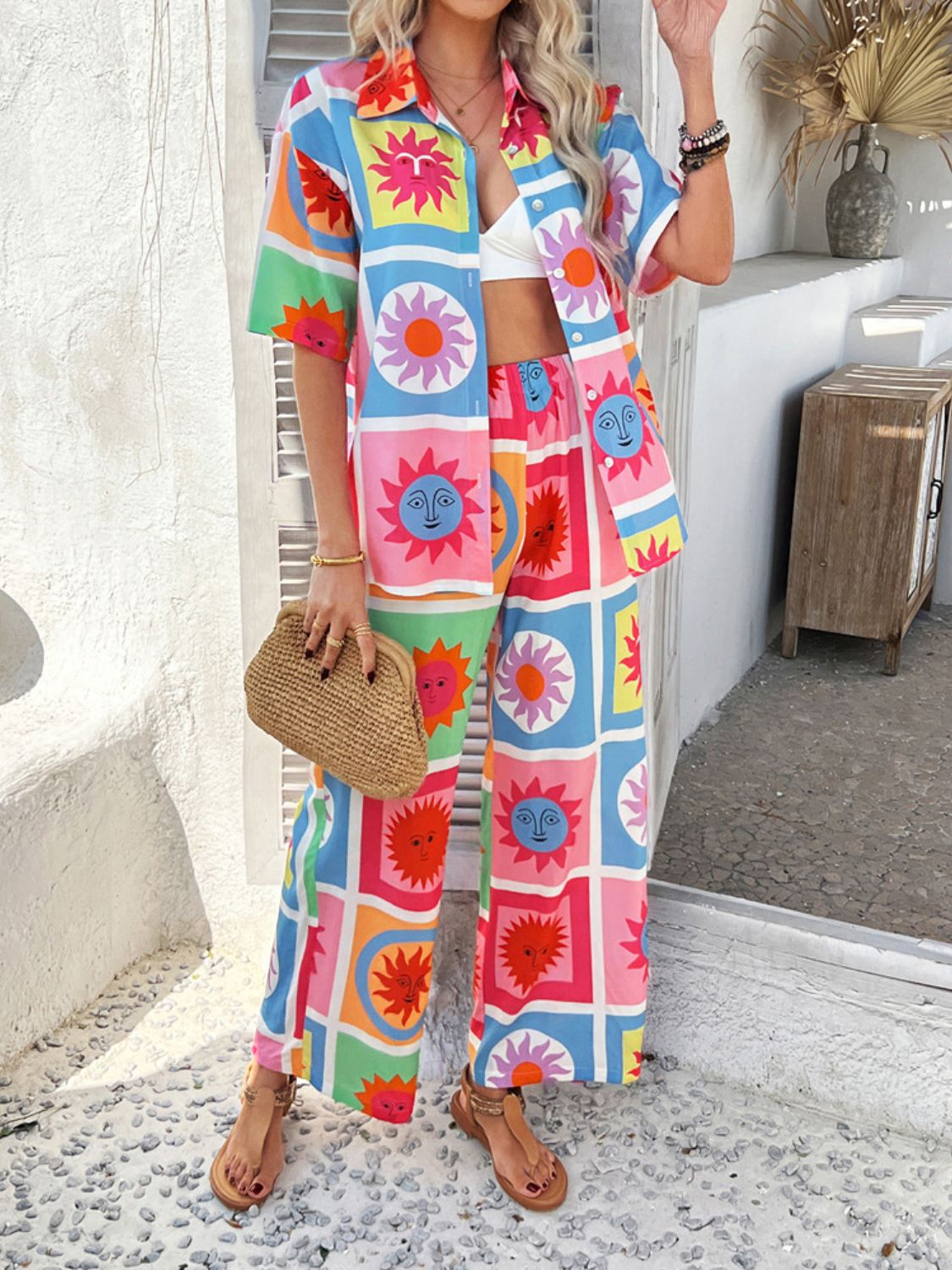 Devine Printed Collared Neck Half Sleeve Top and Pants Set Trendsi