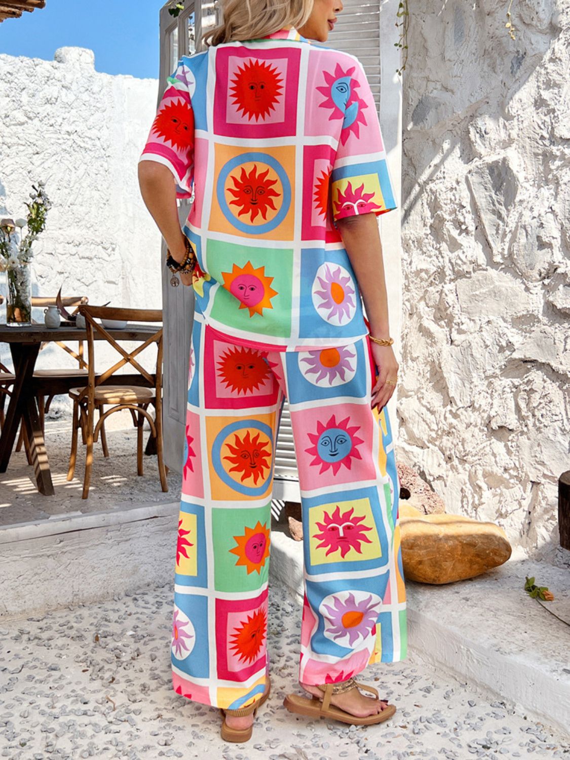 Devine Printed Collared Neck Half Sleeve Top and Pants Set Trendsi