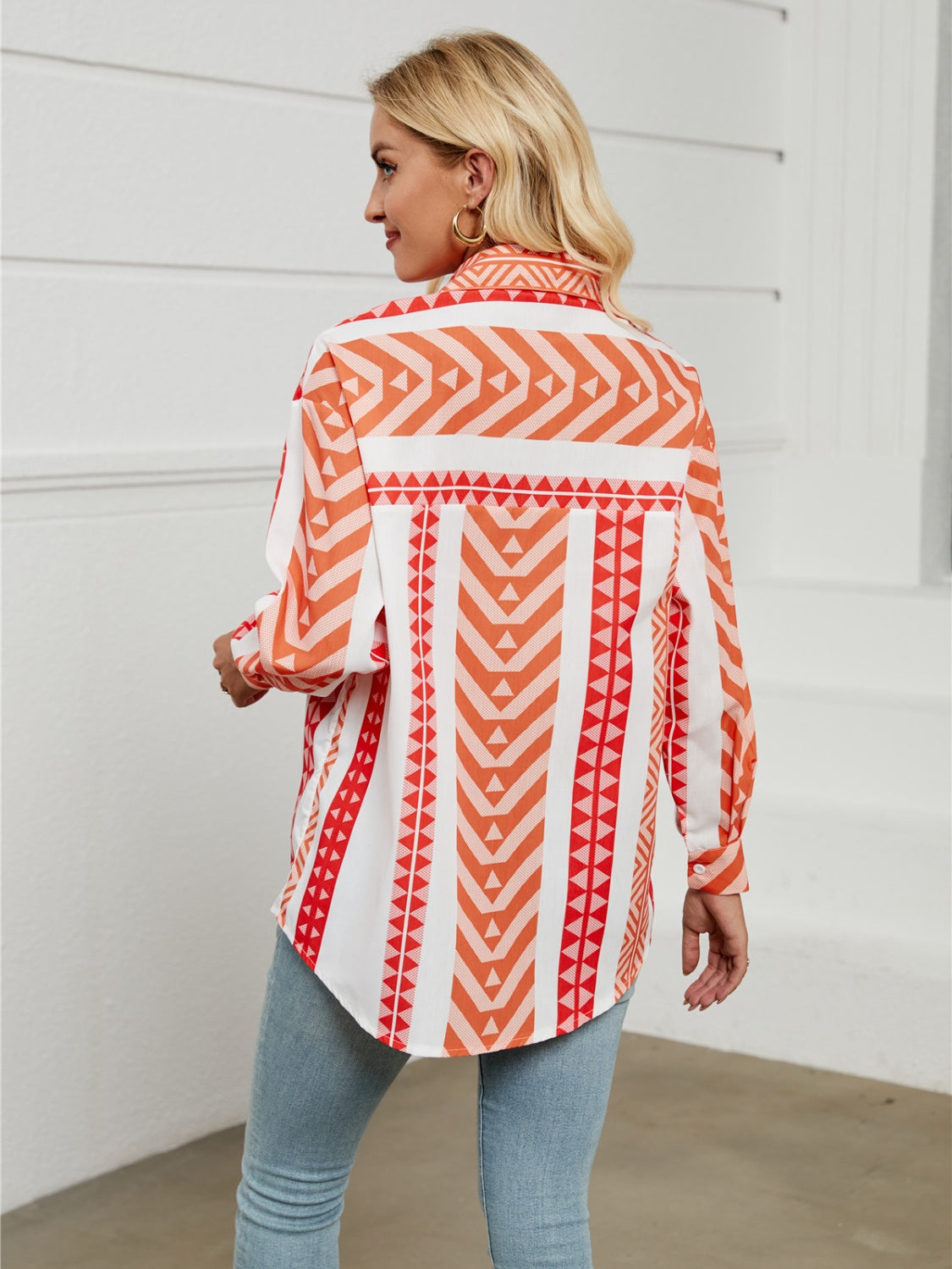 Geometric Collared Neck Long Sleeve Shirt Trendsi