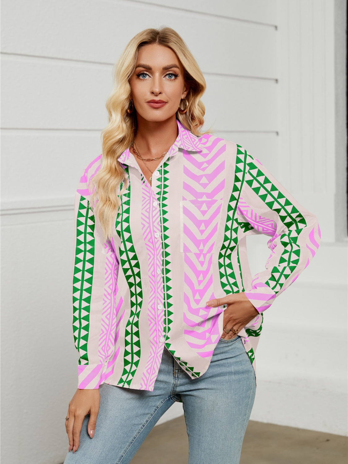Geometric Collared Neck Long Sleeve Shirt Trendsi