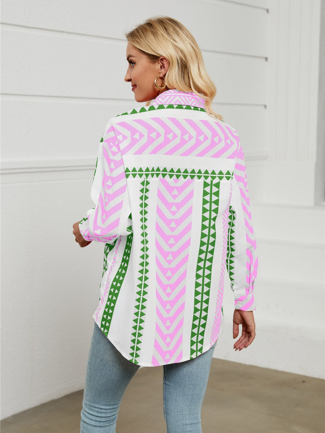 Geometric Collared Neck Long Sleeve Shirt Trendsi
