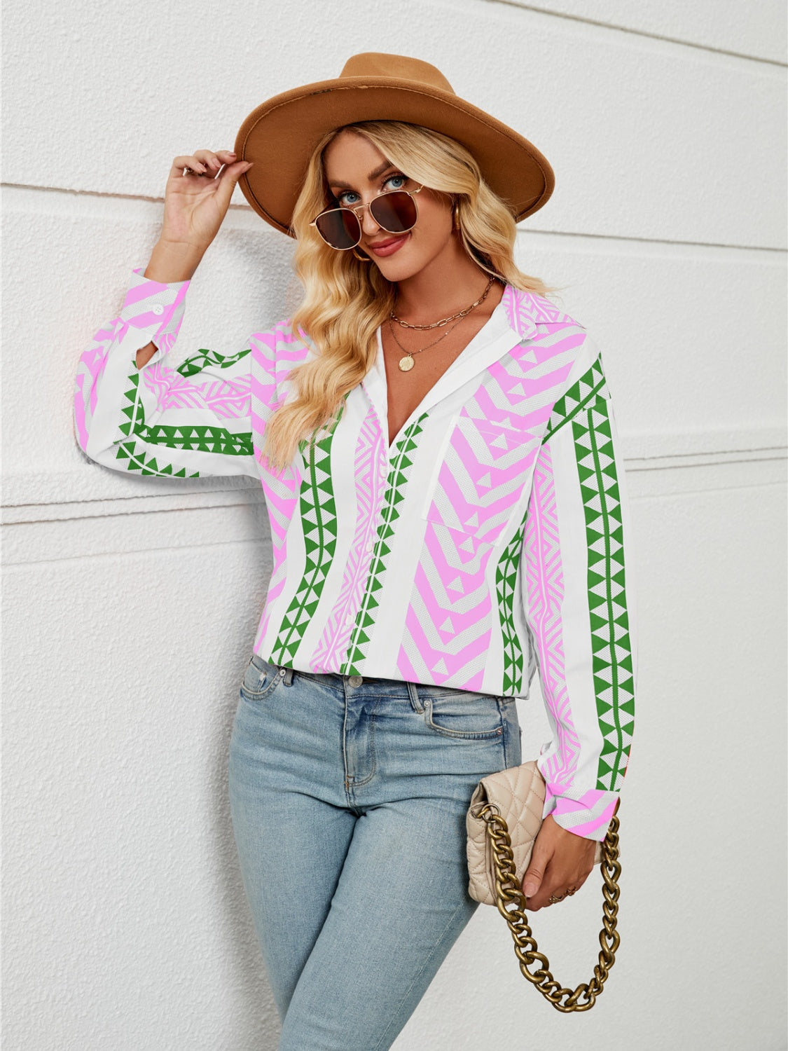 Geometric Collared Neck Long Sleeve Shirt Trendsi