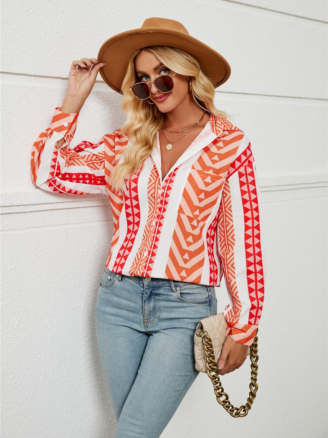 Geometric Collared Neck Long Sleeve Shirt Trendsi