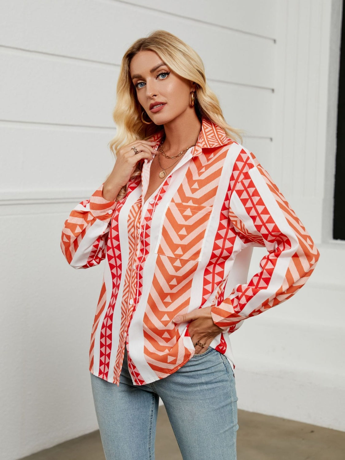Geometric Collared Neck Long Sleeve Shirt Trendsi