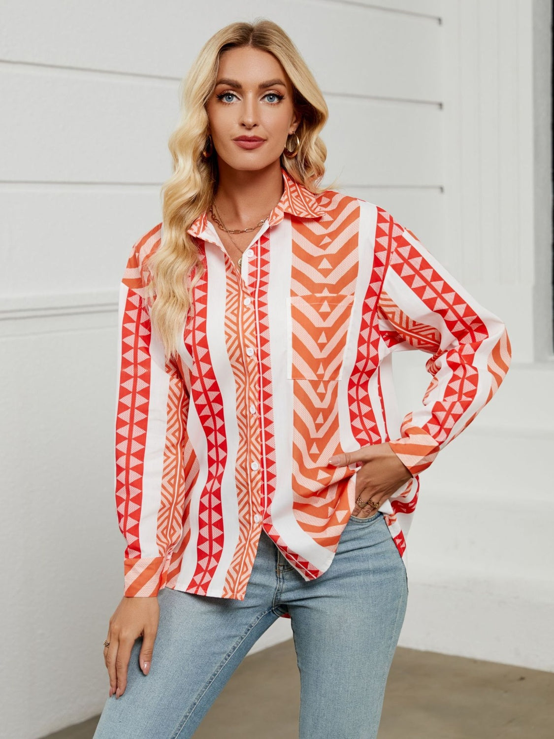 Geometric Collared Neck Long Sleeve Shirt Trendsi