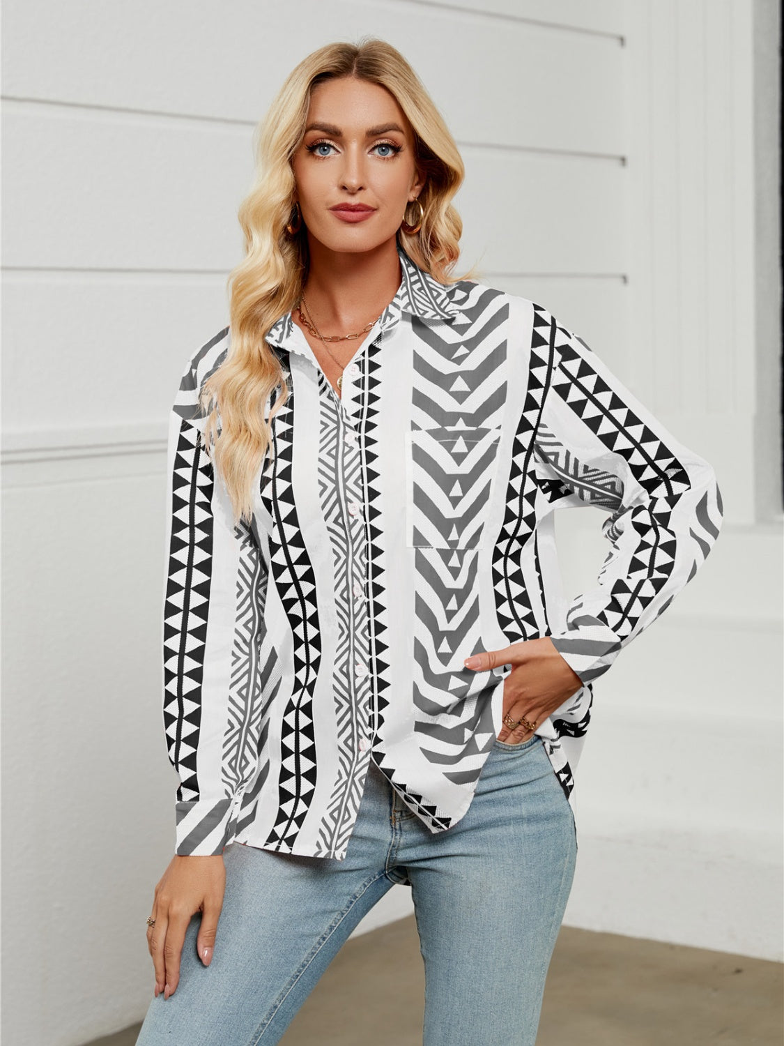 Geometric Collared Neck Long Sleeve Shirt Trendsi