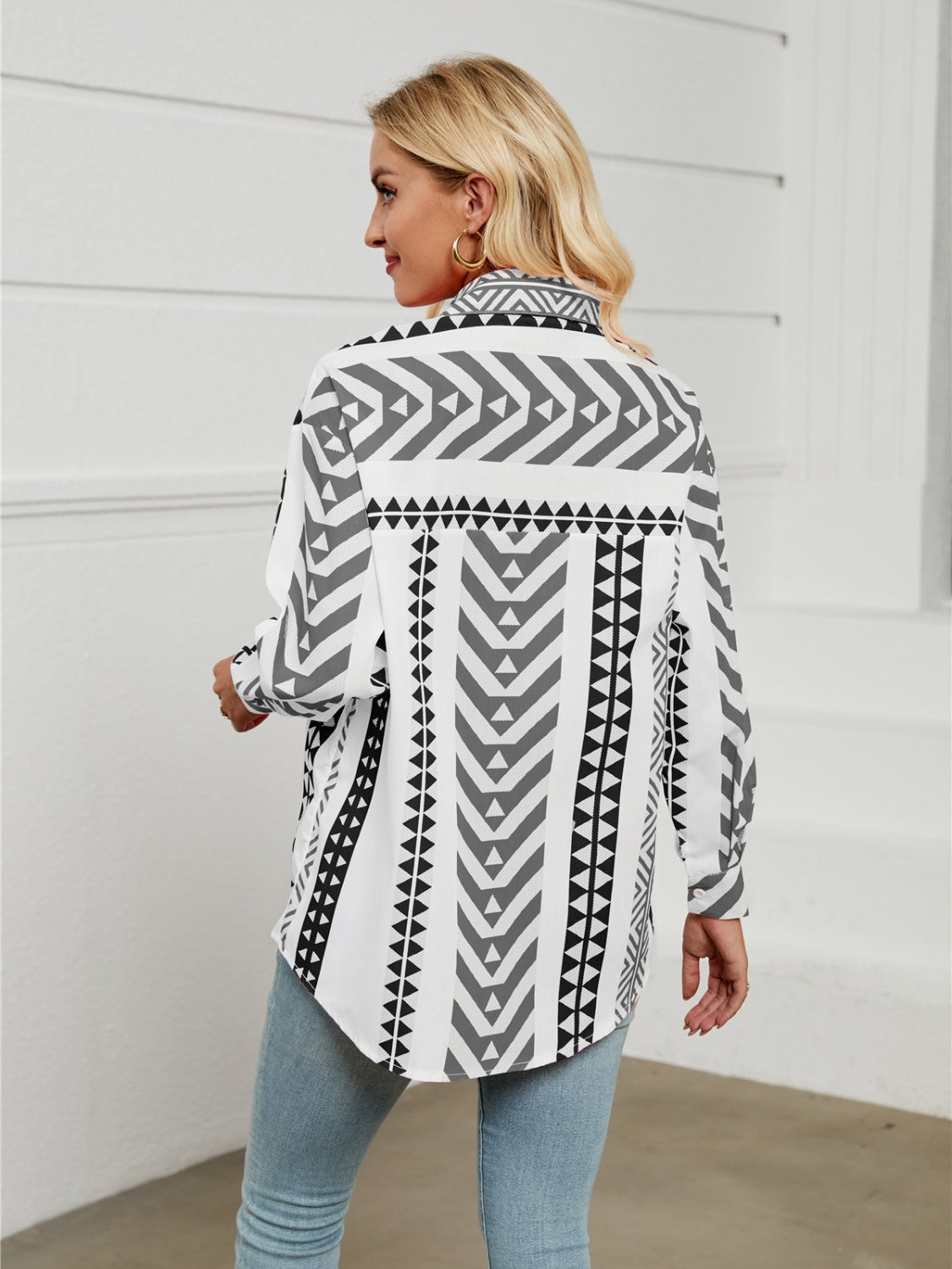 Geometric Collared Neck Long Sleeve Shirt Trendsi