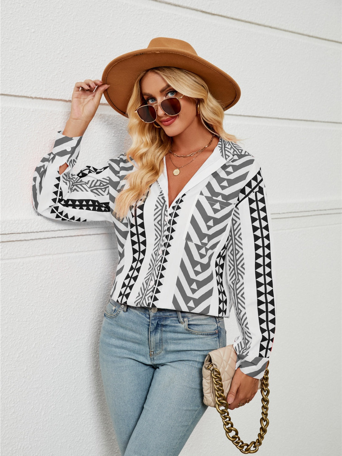 Geometric Collared Neck Long Sleeve Shirt Trendsi