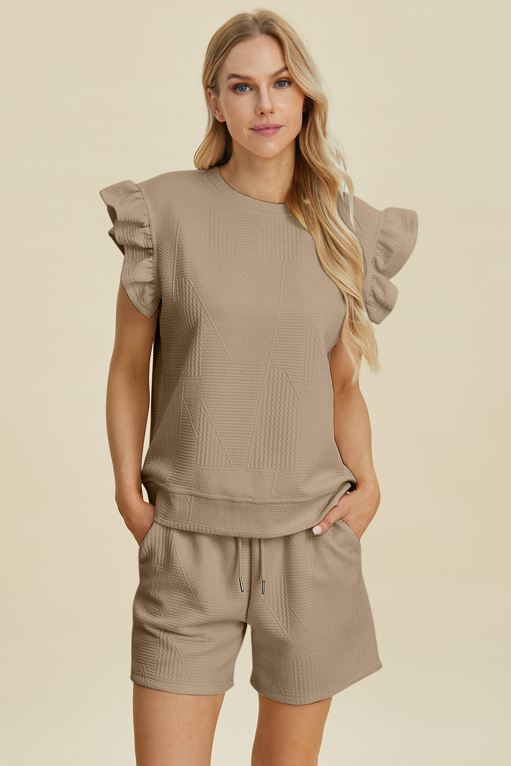 Double Take Texture Ruffle Sleeve Top and Shorts Set - DAME BOHEME