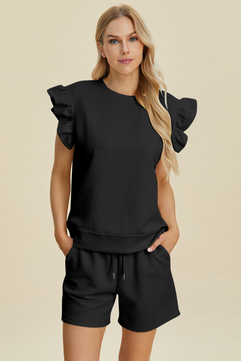 Double Take Texture Ruffle Sleeve Top and Shorts Set - DAME BOHEME
