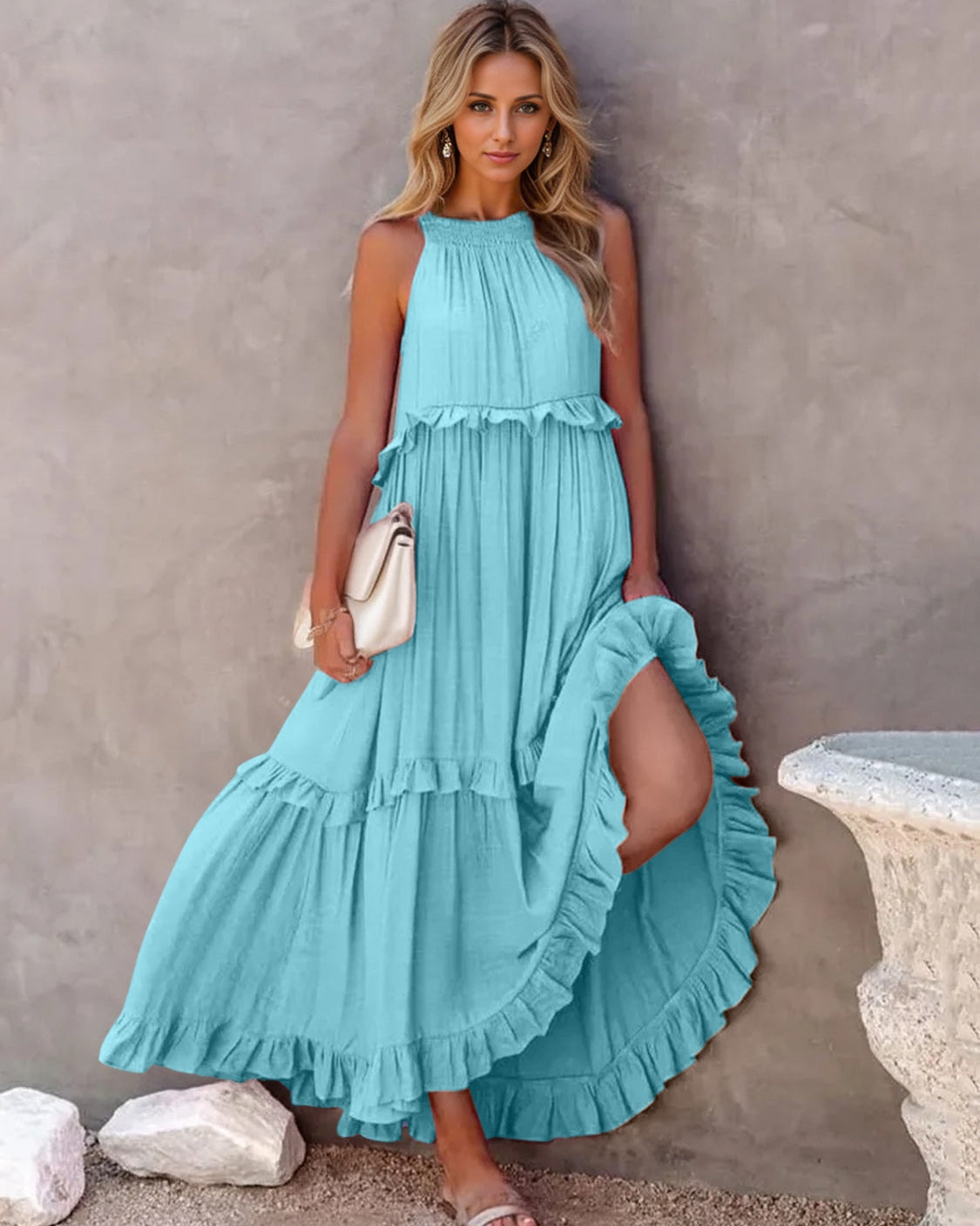 Ruffled Sleeveless Tiered Maxi Dress with Pockets Trendsi