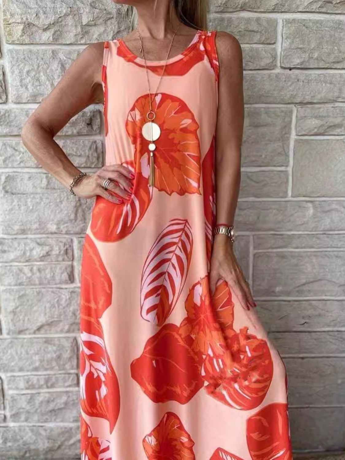 Printed Round Neck Tank Maxi Dress Plus Size