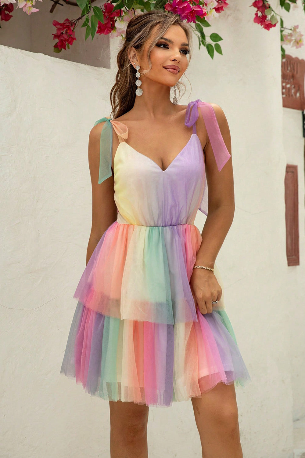 Rainbow Gradient Tie-Shoulder Layered Dress Trendsi