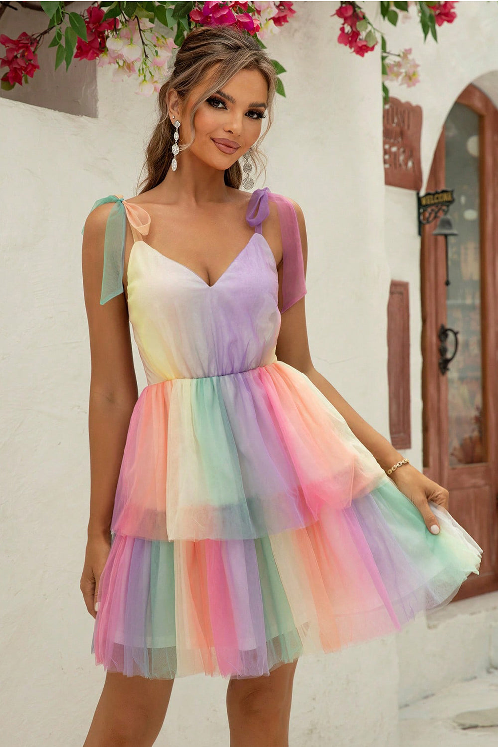Rainbow Gradient Tie-Shoulder Layered Dress Trendsi