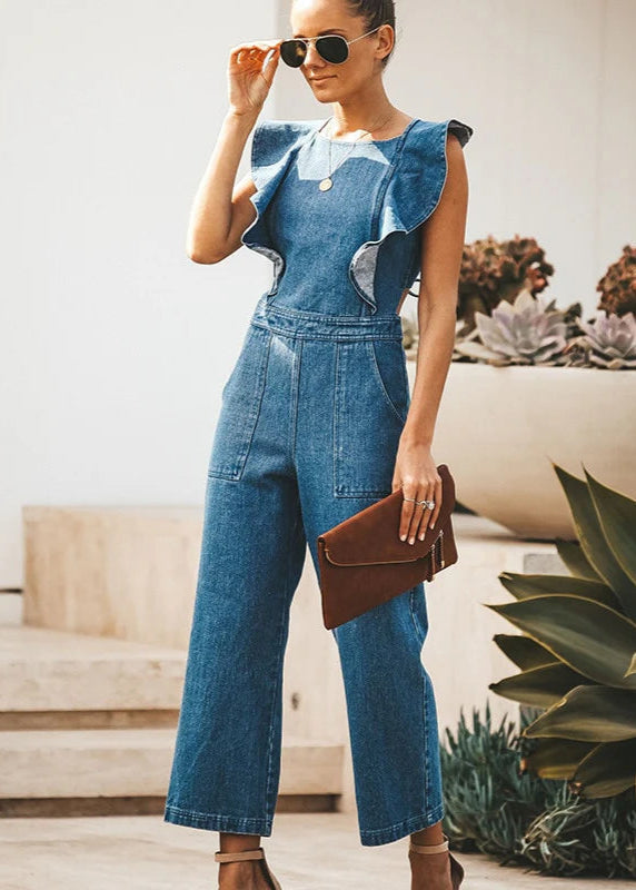 Ruffled Cris Cross Sleeveless Denim Jumpsuit Trendsi