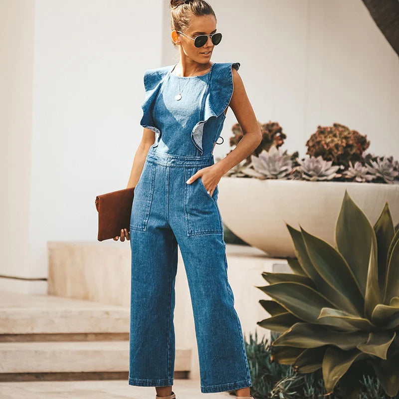 Ruffled Cris Cross Sleeveless Denim Jumpsuit Trendsi